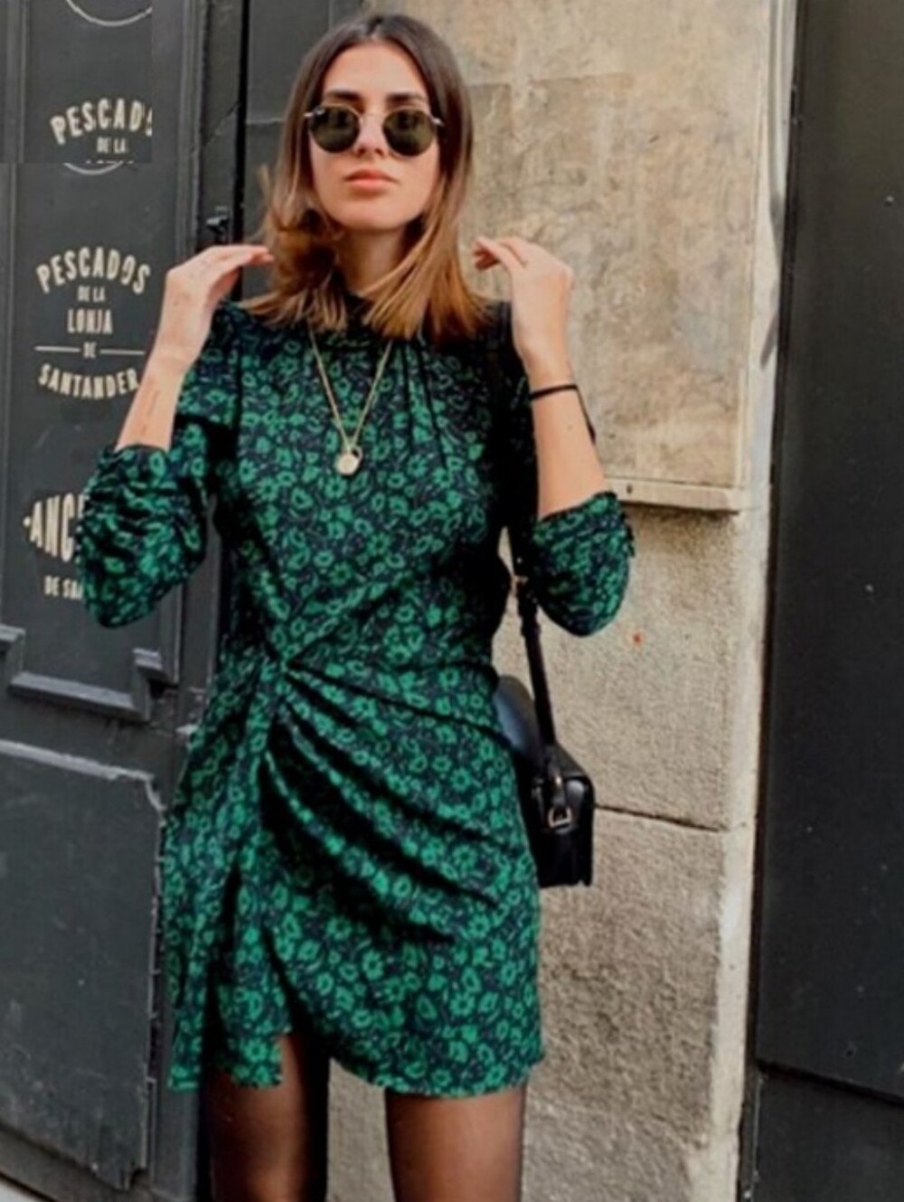 Zara Green Black Floral Asymmetrical Ruched Mini Dress M